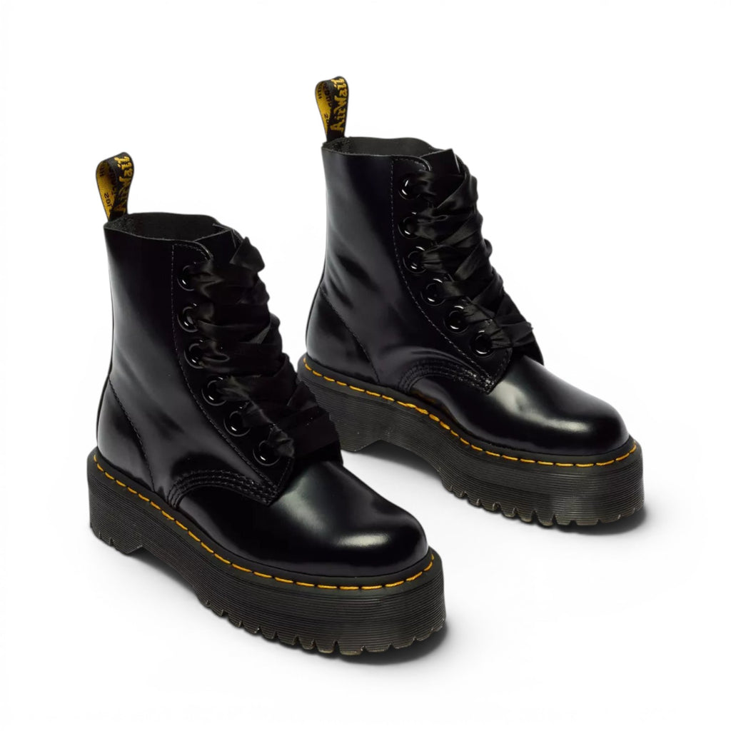 My Store Dr. Martens Molly black leather platform boots with satin ribbon laces and yellow stitching.