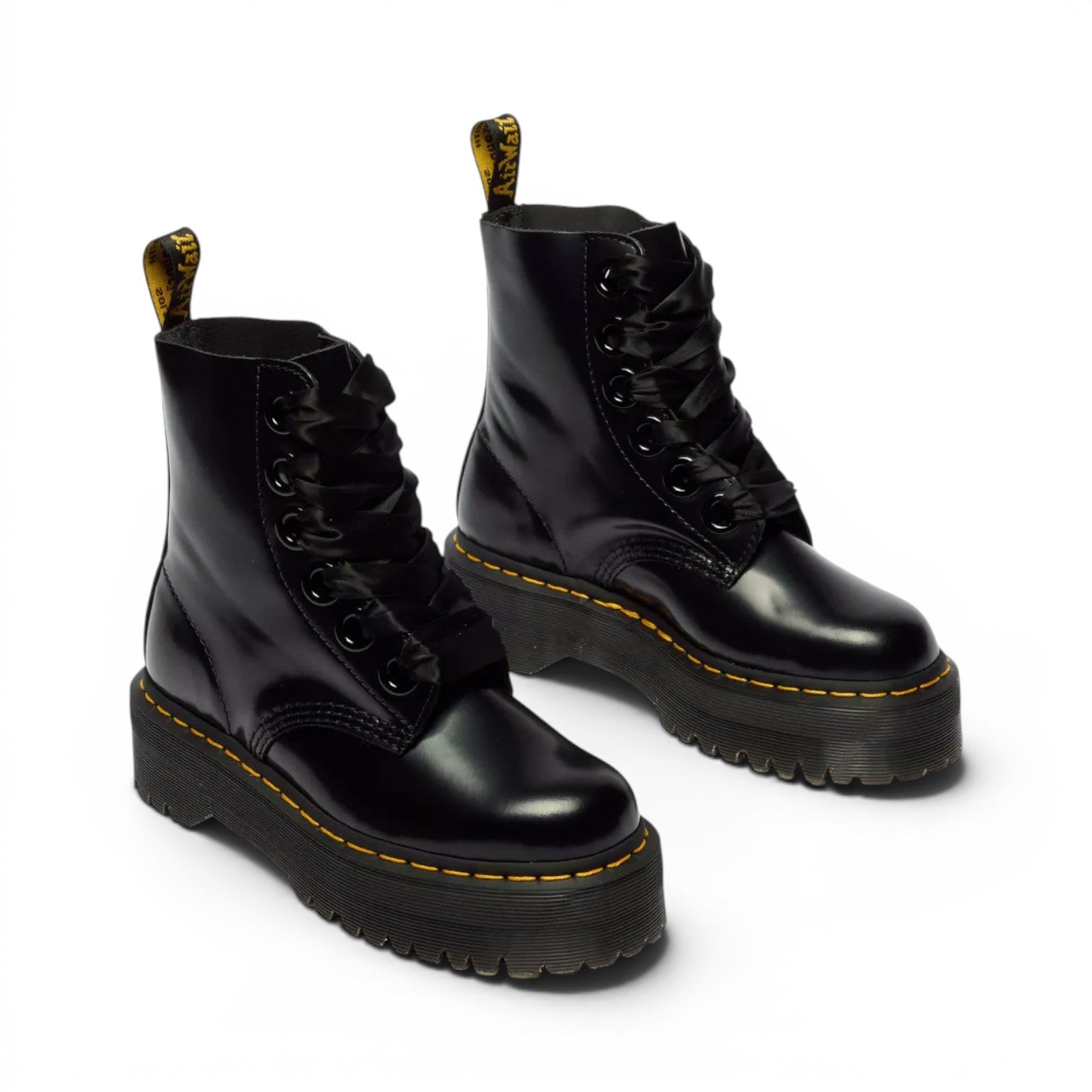 My Store Dr. Martens Molly black leather platform boots with satin ribbon laces and yellow stitching.