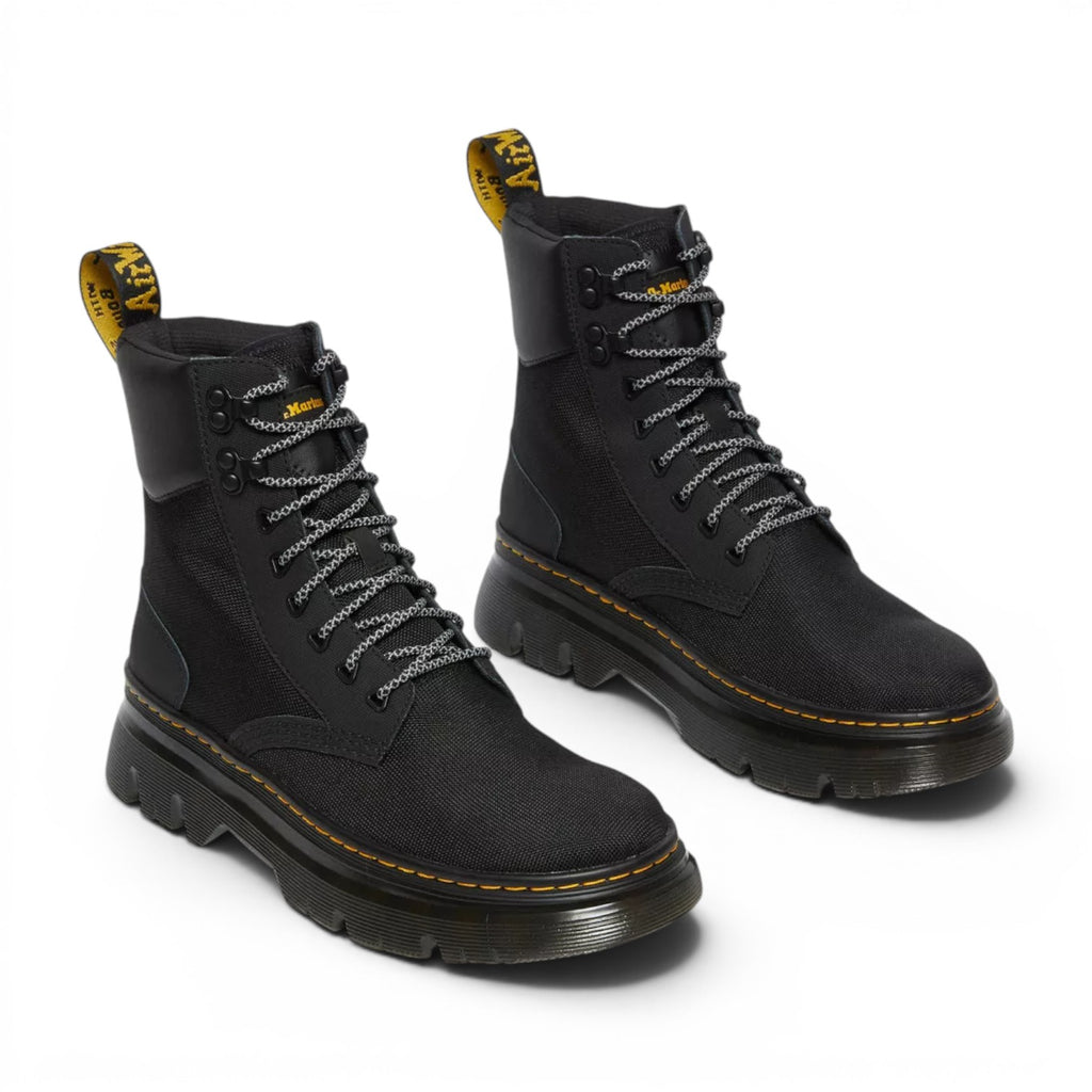 My Store Dr. Martens Tarik Utility black leather and recycled textile boots with yellow heel loop and chunky sole.