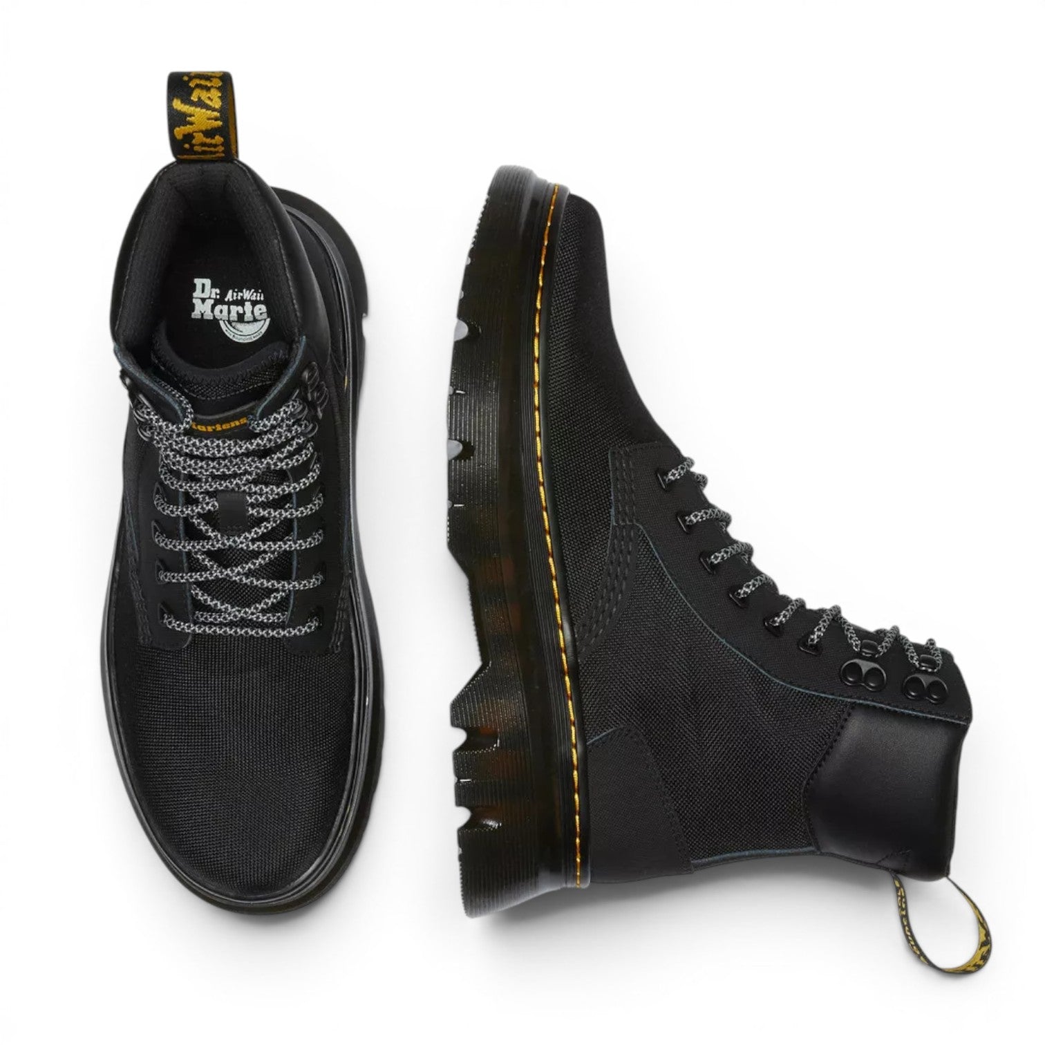 My Store Dr. Martens Tarik Utility boot in black Ajax + Extra Tough 50/50 leather and recycled synthetic textile with black laces and yellow heel loop.