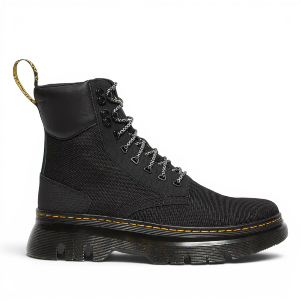 My Store Dr. Martens Tarik Utility boot in black Ajax and recycled textile with a chunky sole and yellow heel loop.