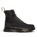 My Store Dr. Martens Tarik Utility boot in black Ajax and recycled textile with a chunky sole and yellow heel loop.