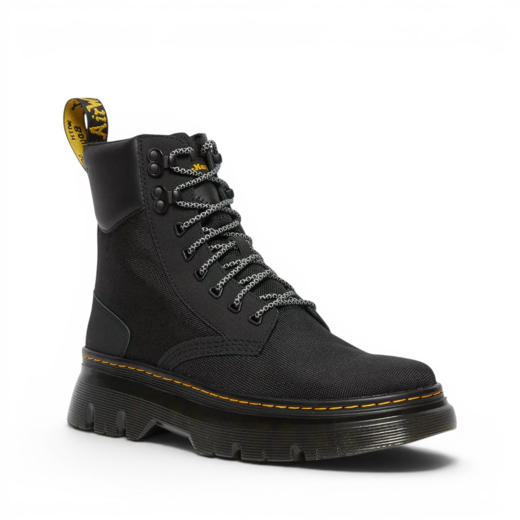 My Store Dr. Martens Tarik Utility boot in black Ajax and recycled textile with chunky sole and yellow heel loop.