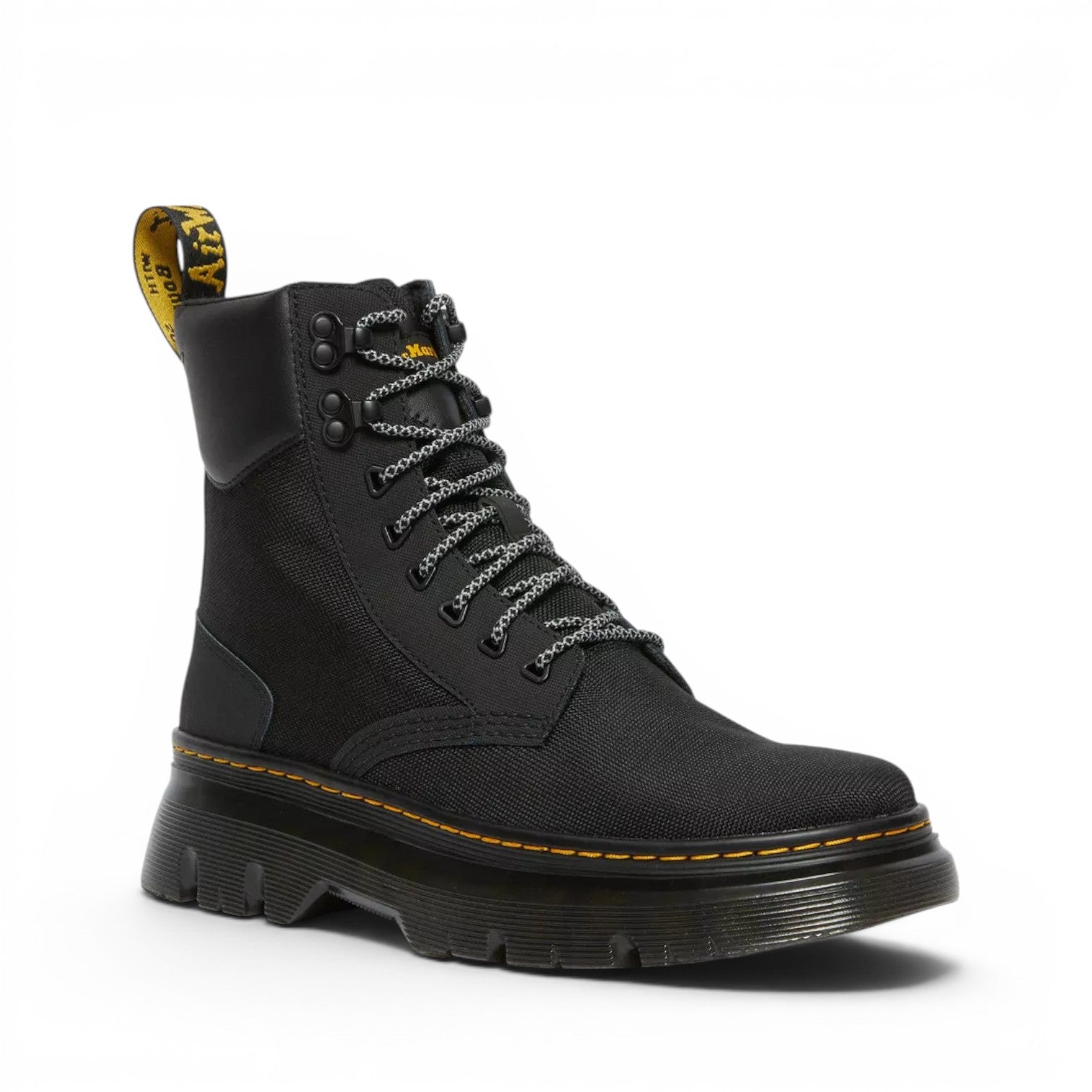 My Store Dr. Martens Tarik Utility boot in black Ajax and recycled textile with chunky sole and yellow heel loop.