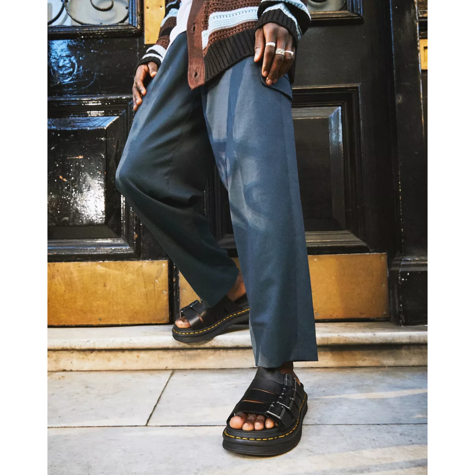 My Store Dr. Martens Tate Brando black leather fisherman sandals with buckle straps and platform sole.