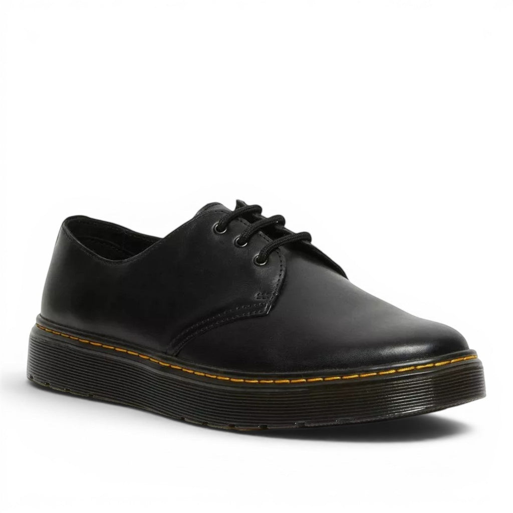 My Store Dr. Martens Thruston Lo black leather lace-up shoes with yellow stitching and PVC sole.