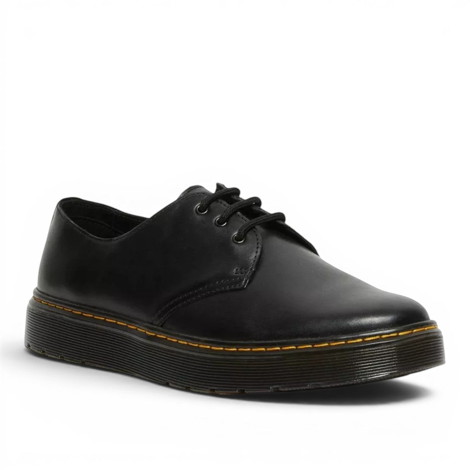 My Store Dr. Martens Thruston Lo black leather lace-up shoes with yellow stitching and PVC sole.