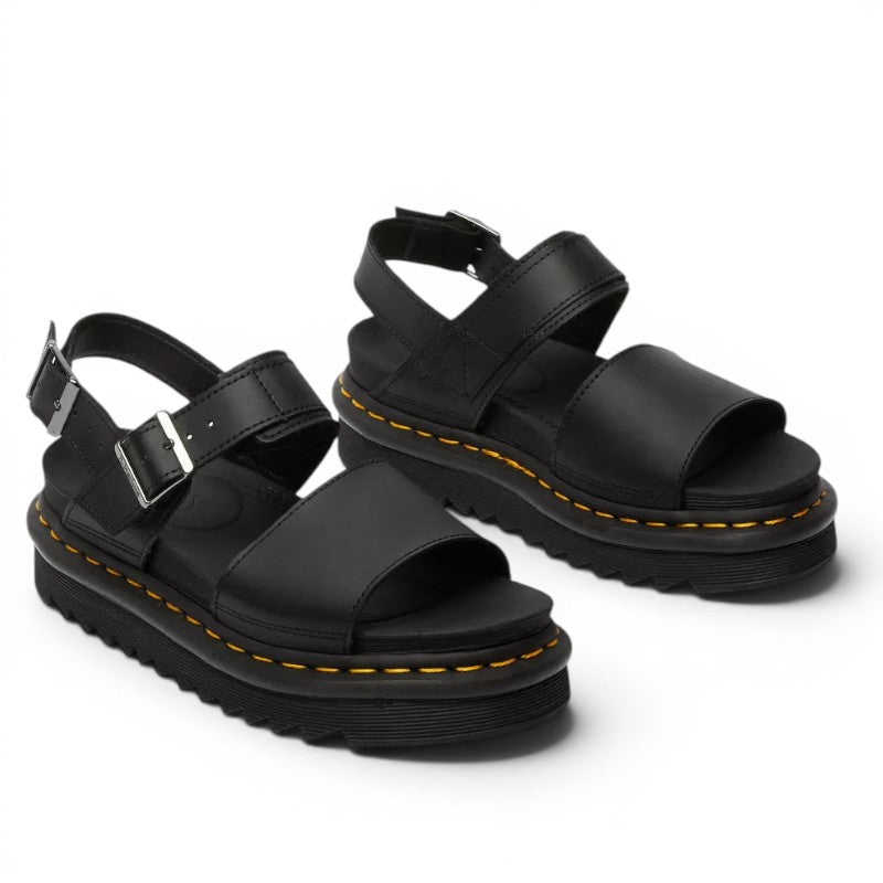 My Store Dr. Martens Voss Hydro black leather platform sandals with adjustable ankle strap and buckle closure.