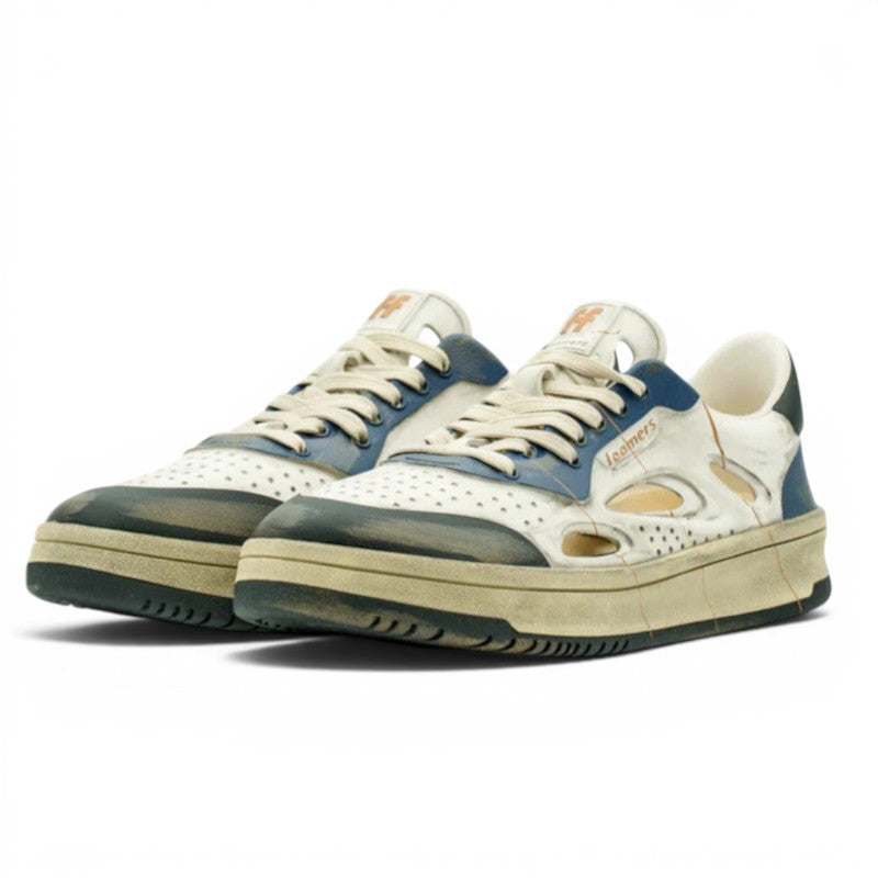 My Store Foamers F6 unisex sneakers in white, blue, and tan with perforated details and cut-out accents.