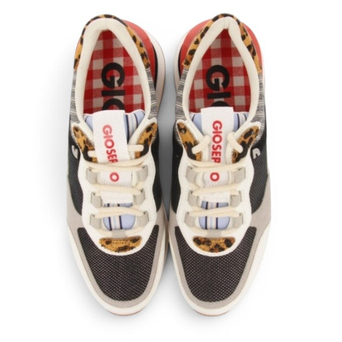 My Store Gioseppo 65397 women's sneakers with leather and textile upper, featuring leopard print accents and a red gingham lining.