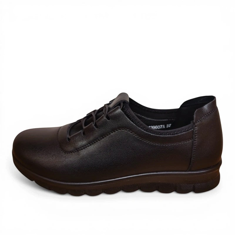My Store Loretta Vitale black leather slip-on women's shoes with elastic laces and rubber sole.