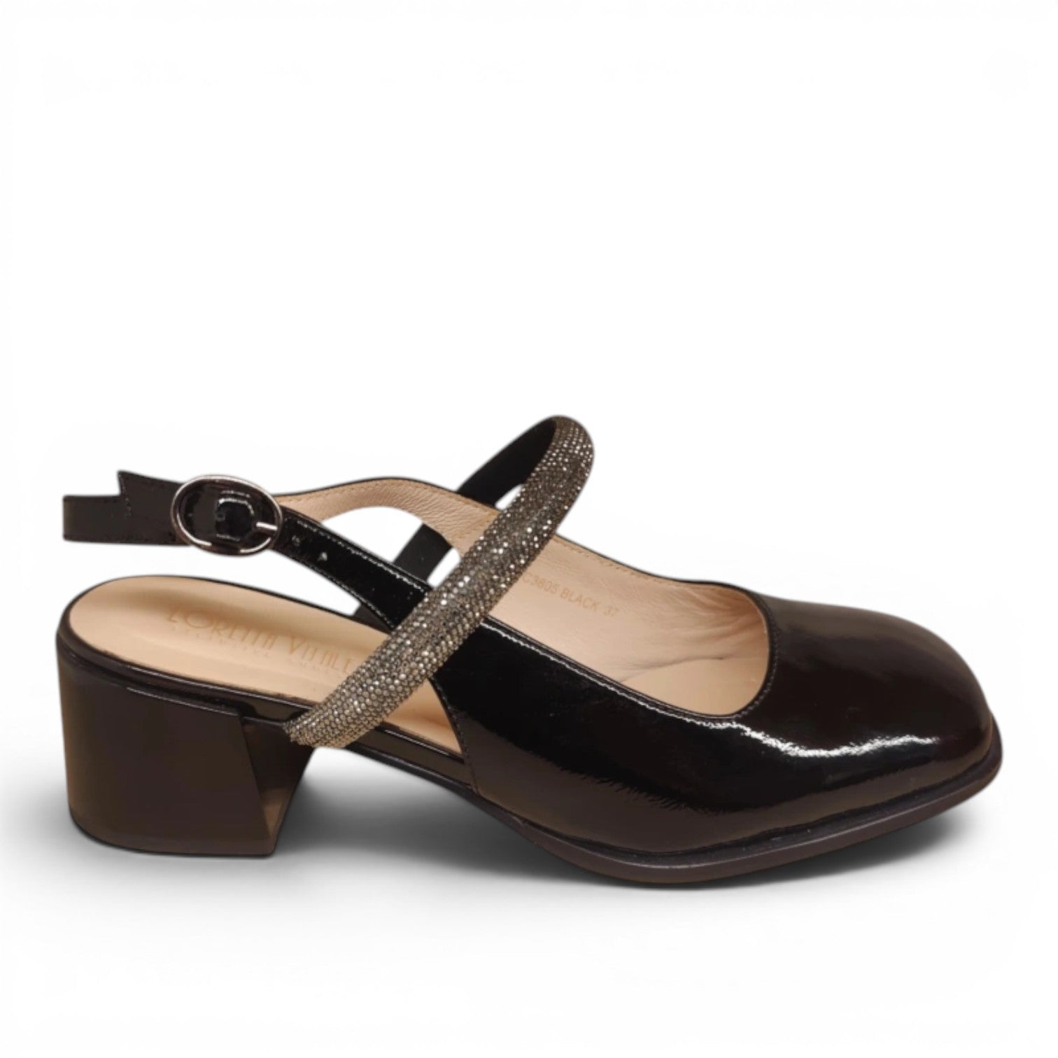 My Store Loretta Vitale C3805 black patent leather slingback heels with a glitter strap and 5cm block heel.