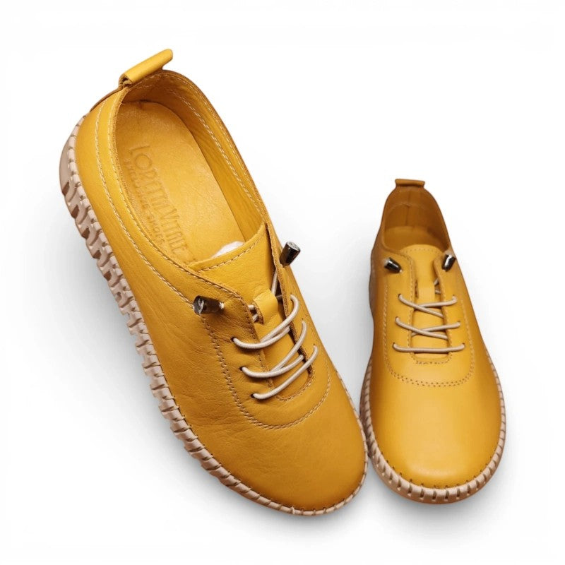 My Store Loretta Vitale E4000 yellow leather slip-on loafers with decorative laces and contrast stitching.