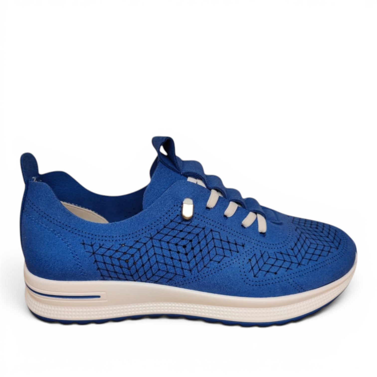 My Store Loretta Vitale J2214 blue textile women's casual sneakers with a geometric pattern and rubber sole.