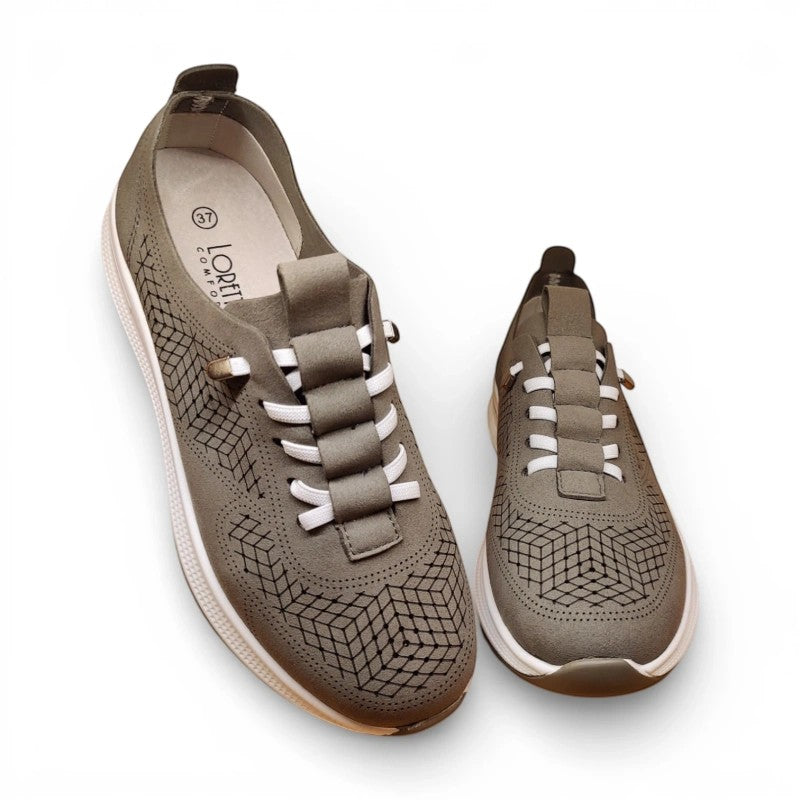 My Store Loretta Vitale J2214 women's grey textile casual sneakers with white laces and geometric pattern.