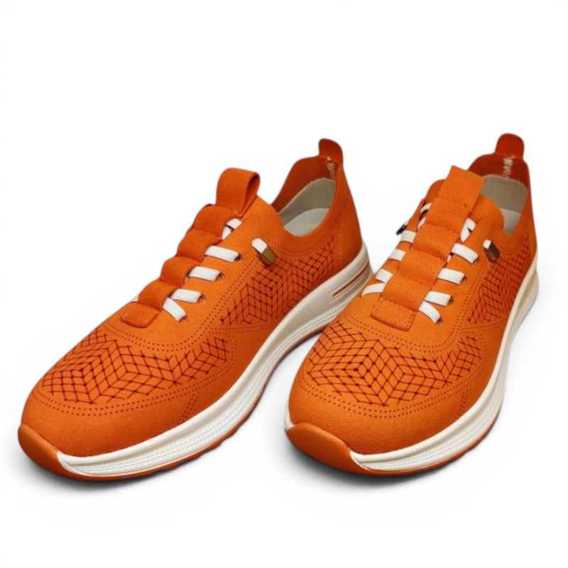 My Store Loretta Vitale J2214 women's orange textile casual sneakers with white laces and rubber soles.