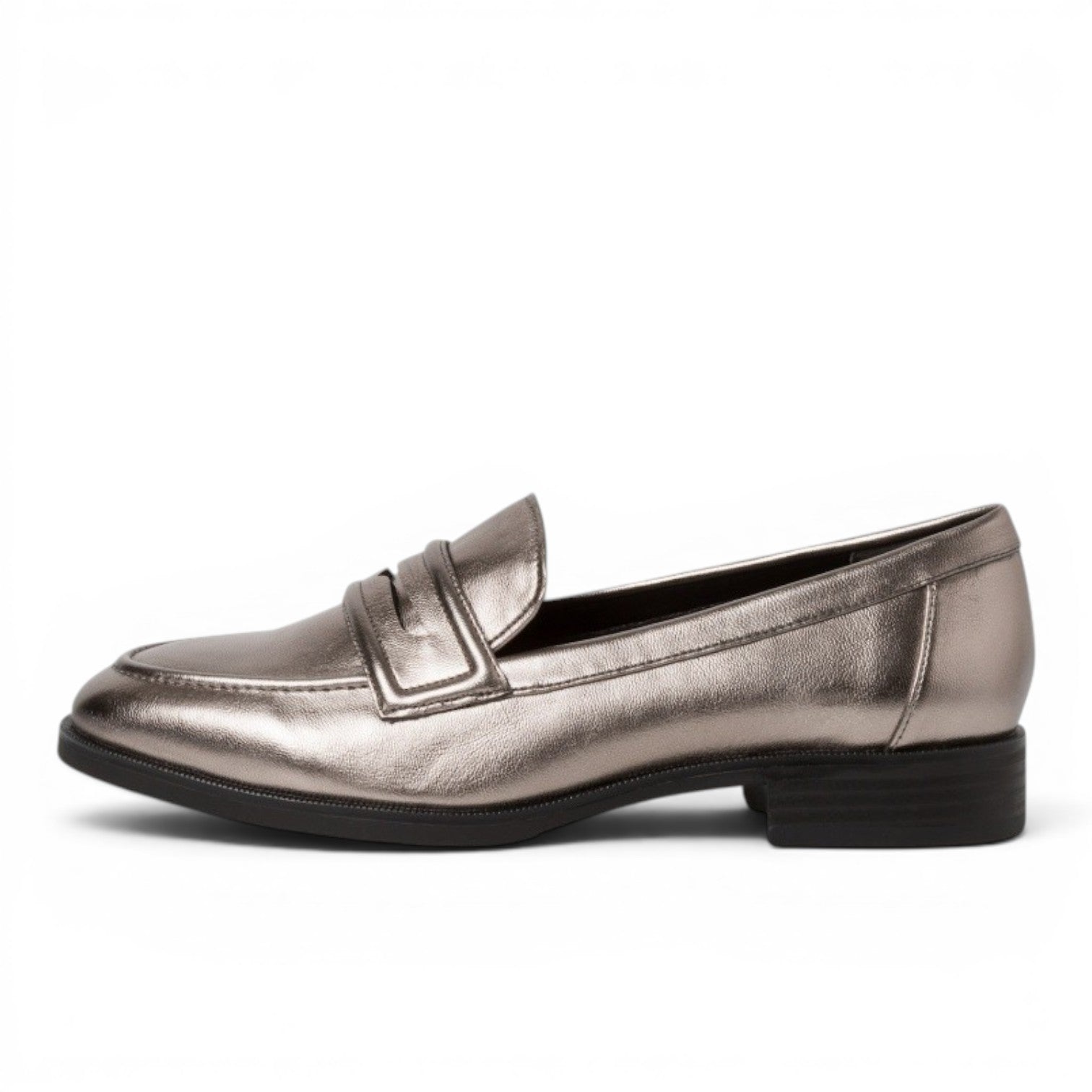 My Store metallic pewter leather penny loafers with a low heel and subtle stitching detail.