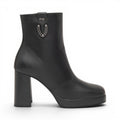 My Store Nero Giardini black leather ankle boots with a 9cm block heel, platform sole, and decorative chain detail.