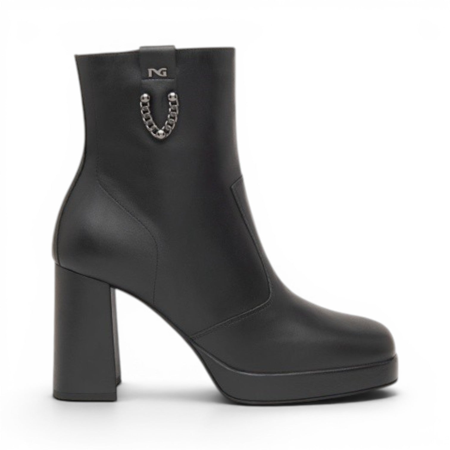 My Store Nero Giardini black leather ankle boots with a 9cm block heel, platform sole, and decorative chain detail.