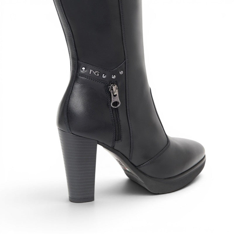 My Store Nero Giardini black leather heeled boots with side zip and decorative studs.