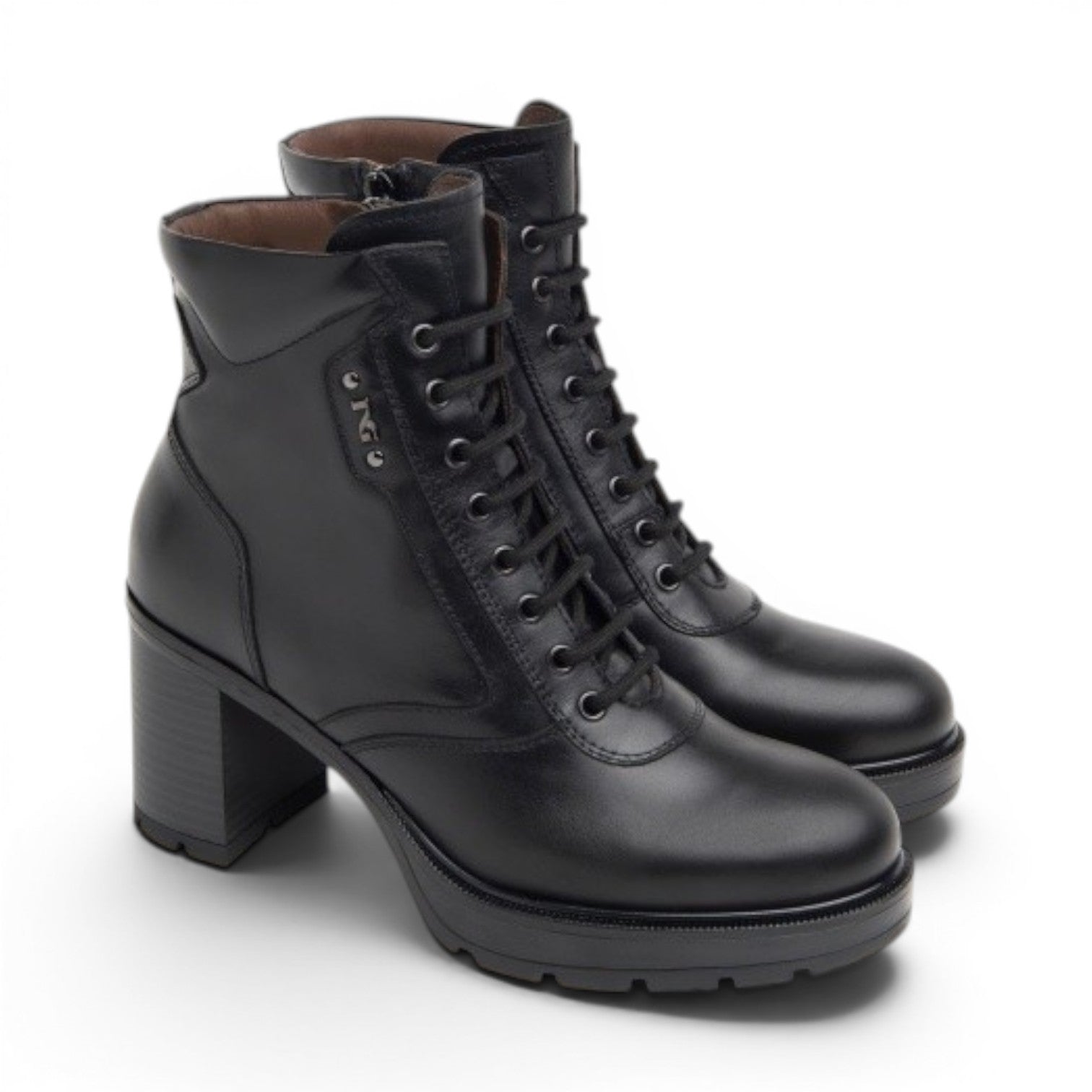 My Store Nero Giardini black leather lace-up ankle boots with 8cm heel and side zip. Made in Italy.