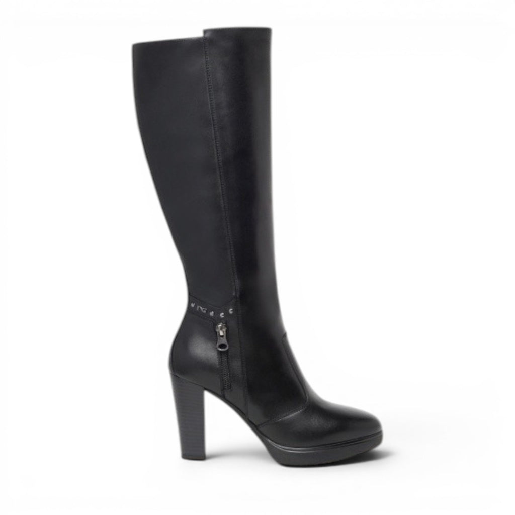 My Store Nero Giardini black leather knee-high boots with side zip, studded detail and 9.5cm heel.