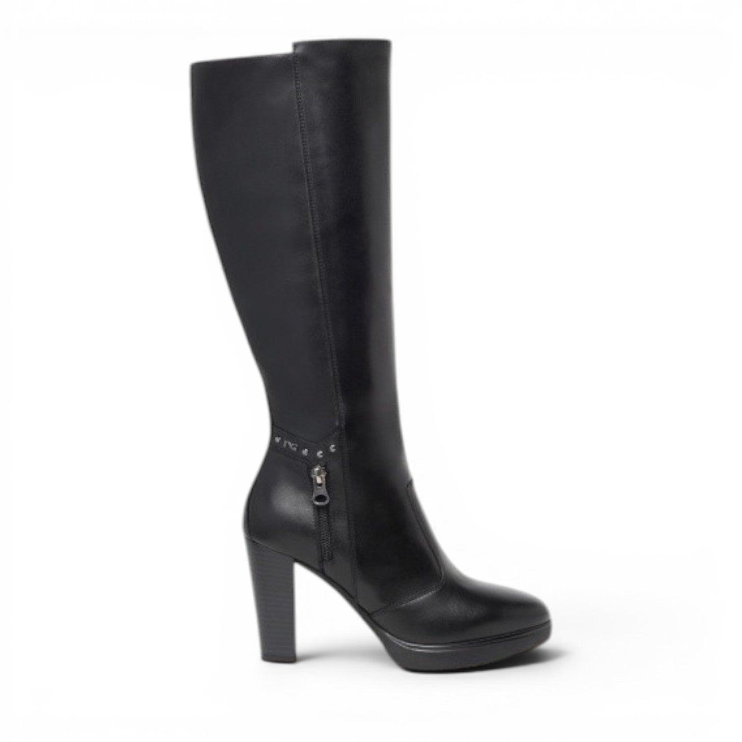 My Store Nero Giardini black leather knee-high boots with side zip, studded detail and 9.5cm heel.