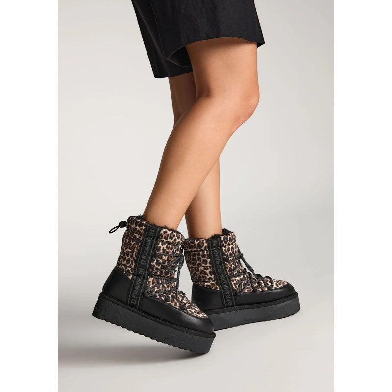 My Store D.Franklin Nordic V2 Bomb black and leopard print winter boots with lace-up detail and thick soles.