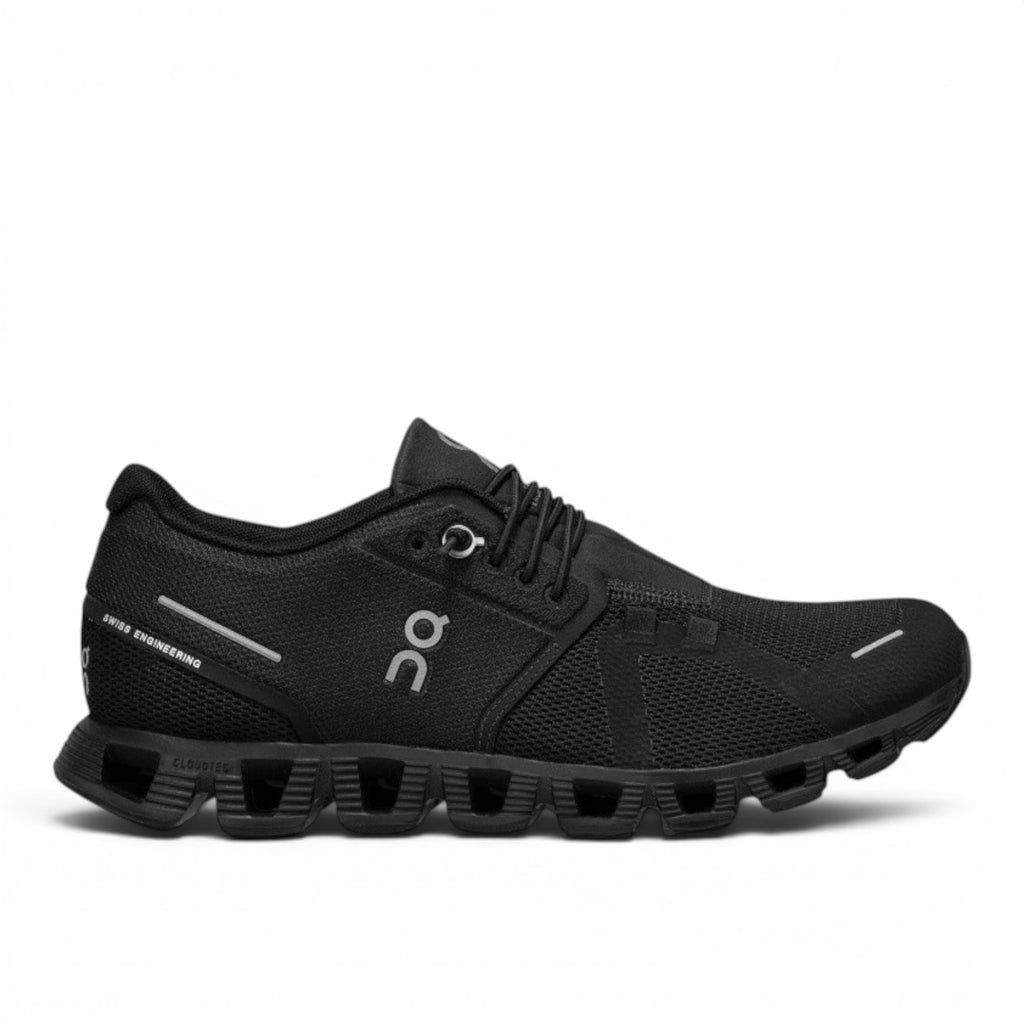 My Store ON Cloud 5 black recycled polyester breathable mesh running shoes with quick lacing system.