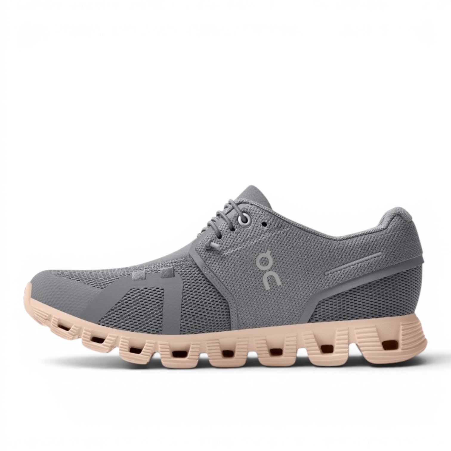 My Store grey mesh On Cloud 5 sneakers with a light pink sole and quick-lace system.