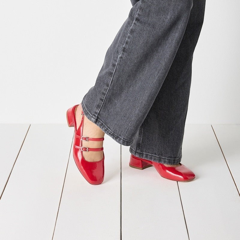 My Store red patent synthetic slingback heels with double strap detail and square toe. 3.5cm heel.