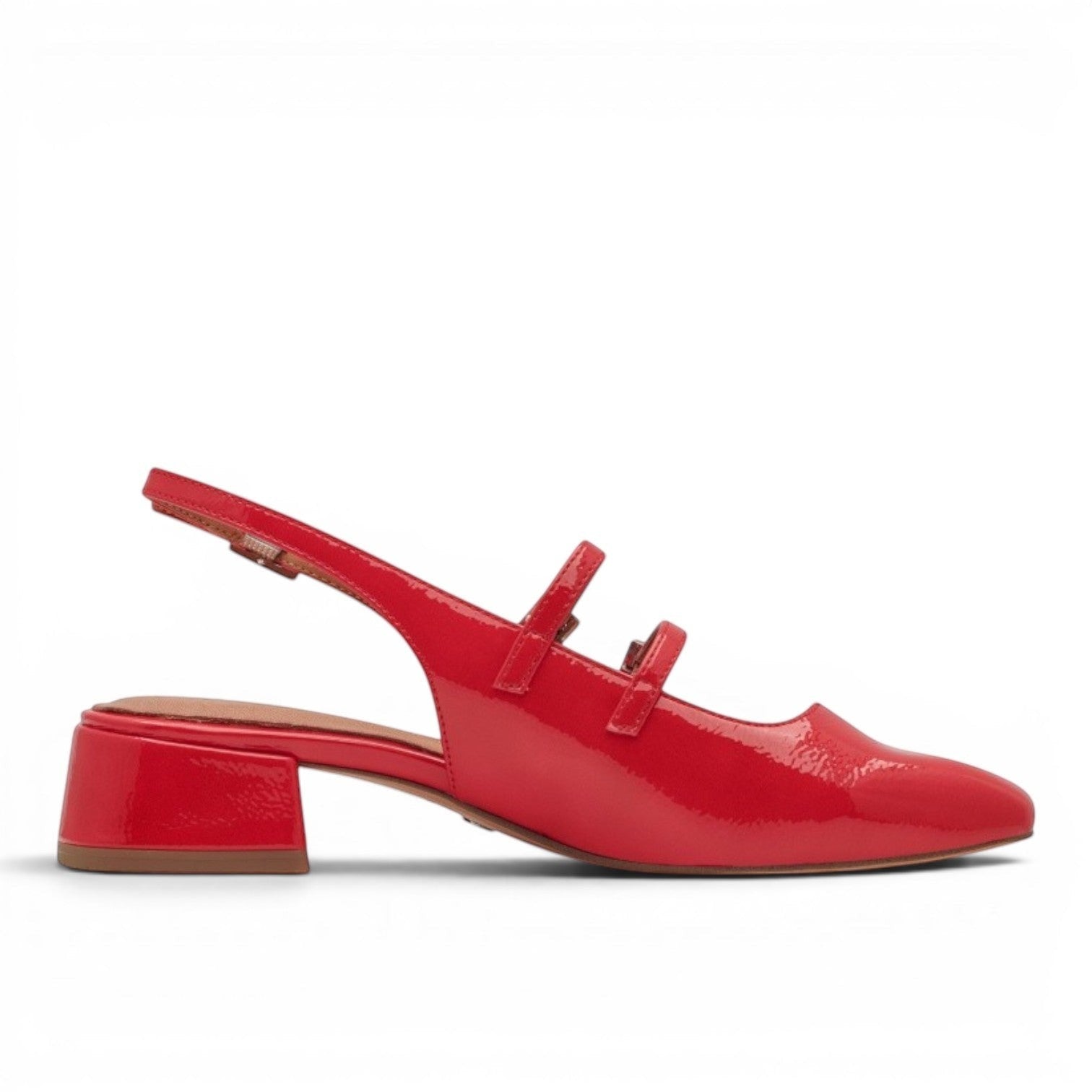 My Store red patent synthetic slingback heels with double strap detail and square toe. 3.5cm block heel.