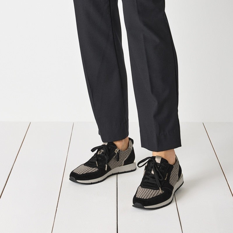 My Store Tamaris black and beige textile and leather sneakers with side zip detail.