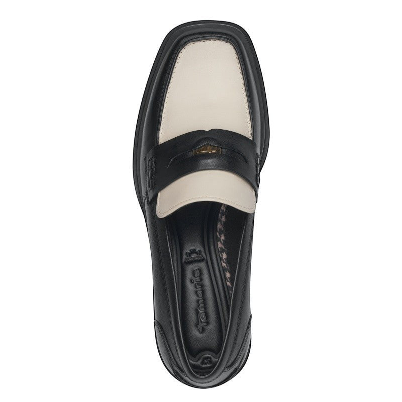 My Store Tamaris black and cream leather loafers with block heel and gold buckle detail.