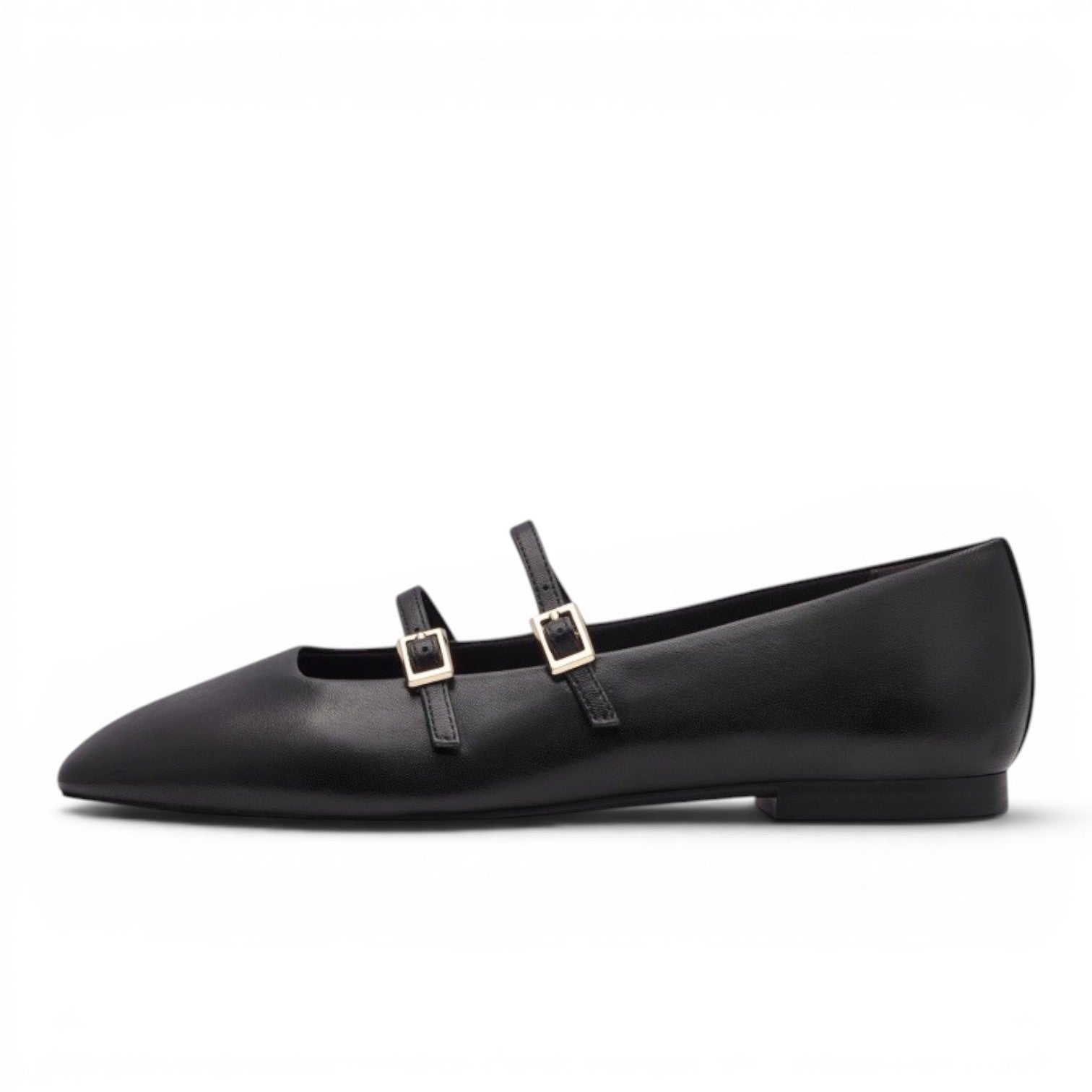 My Store Tamaris black leather ballet flats with double straps and gold buckles. Square toe.