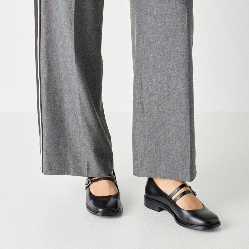 My Store Tamaris black leather Mary Jane shoes with double strap and buckle detail. Square toe.