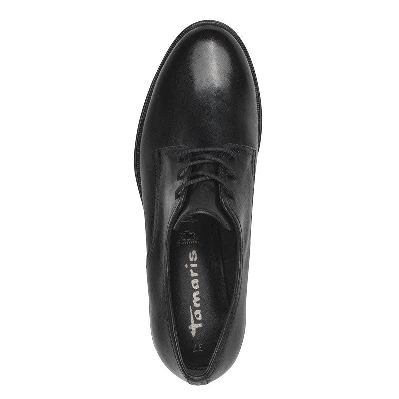 My Store Tamaris black leather lace-up shoes with a pointed toe and comfortable memory foam insole.
