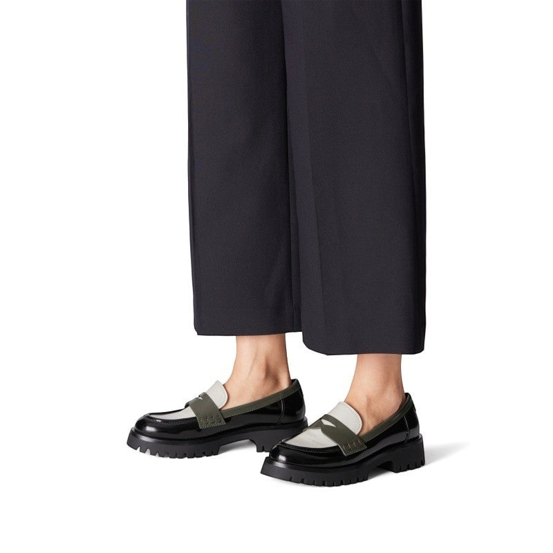 My Store Tamaris black patent leather loafers with light grey and olive green accents and lug sole.