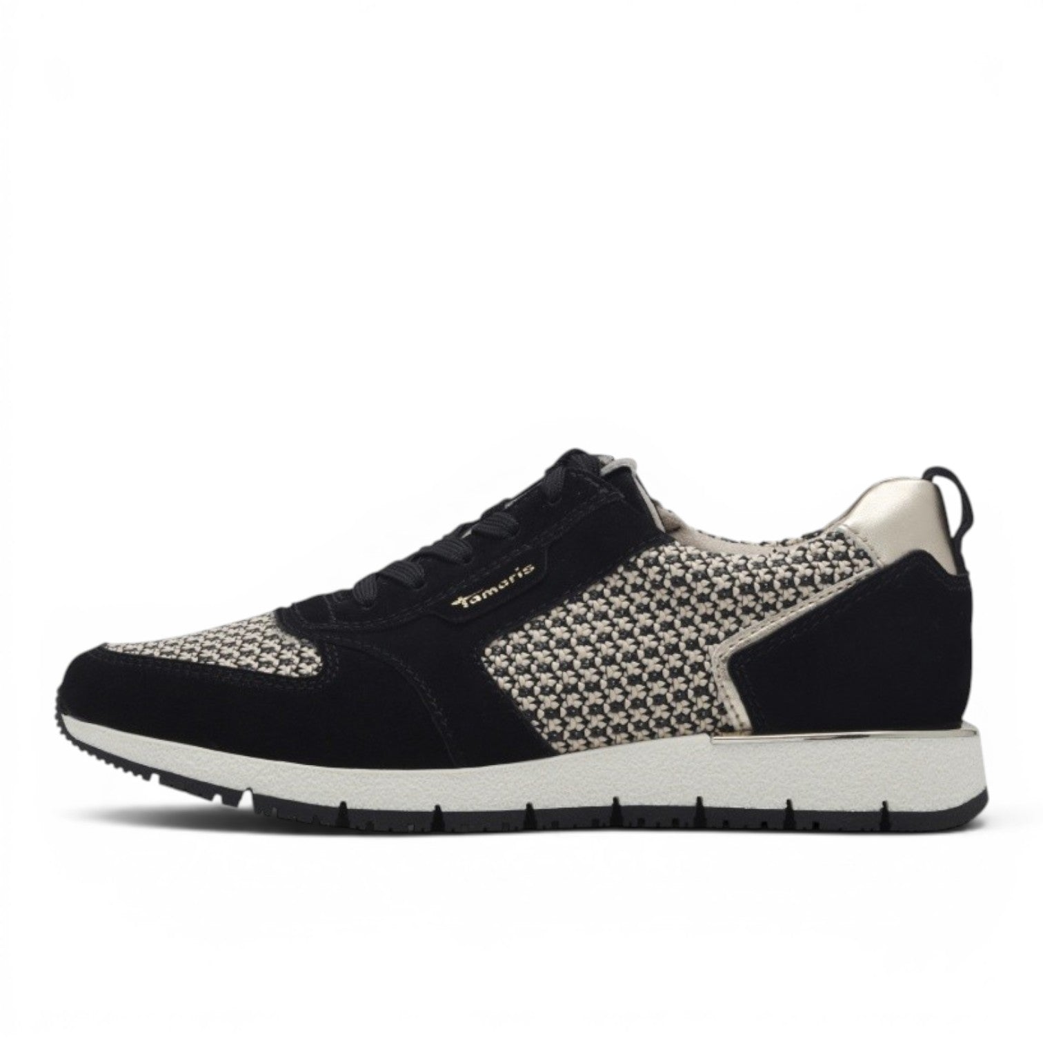 My Store Tamaris black suede and patterned textile sneakers with a gold heel accent.