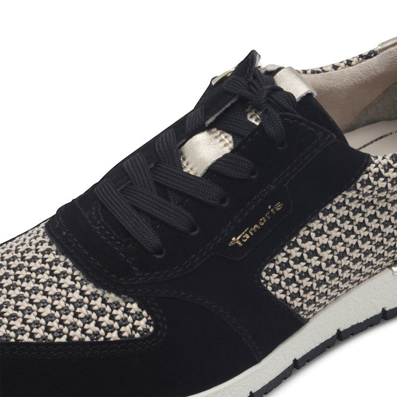 My Store Tamaris black suede and patterned textile sneakers with white sole and gold logo detail.