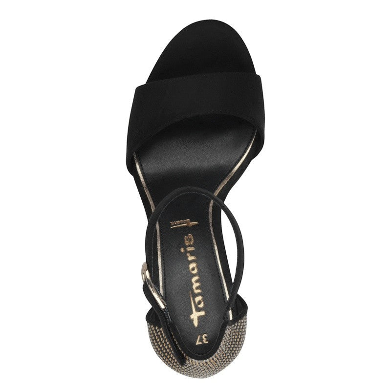 My Store Tamaris black textile open-toe block heel sandal with ankle strap and gold detail