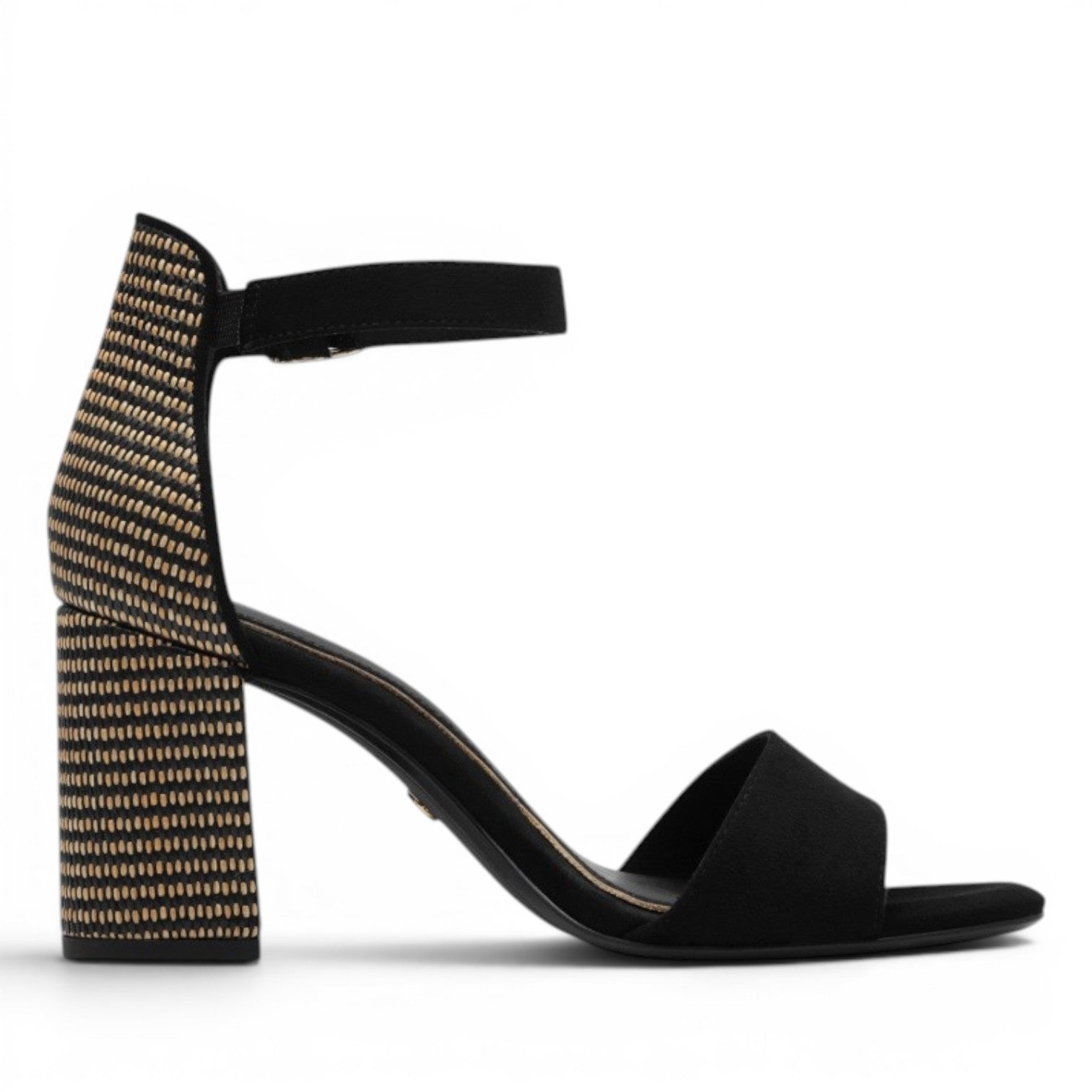 My Store Tamaris black textile sandals with open toe, ankle strap, and 8.5cm block heel.