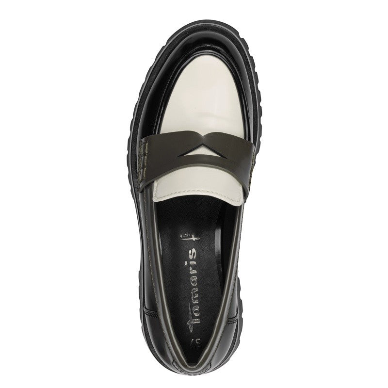 My Store Tamaris black and white synthetic slip-on loafers with a chunky sole and decorative strap.