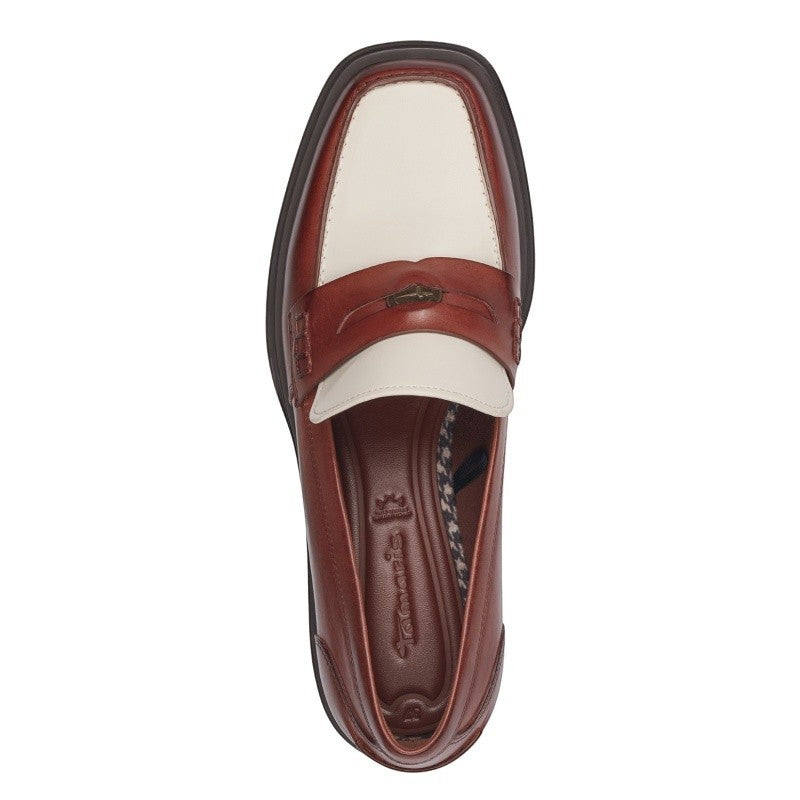 My Store Tamaris brown and cream leather penny loafers with block heel and metal detail.