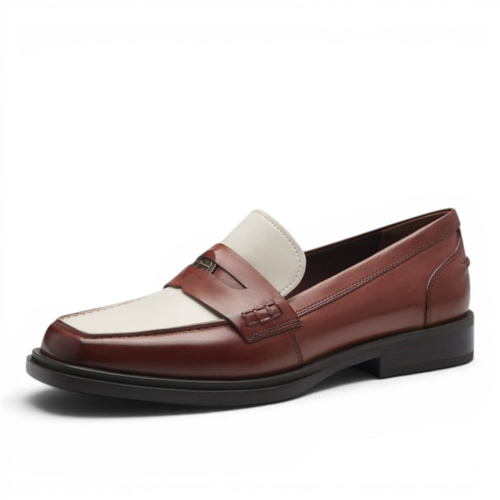 My Store Tamaris two-tone brown and cream leather loafers with block heel and metal detail.