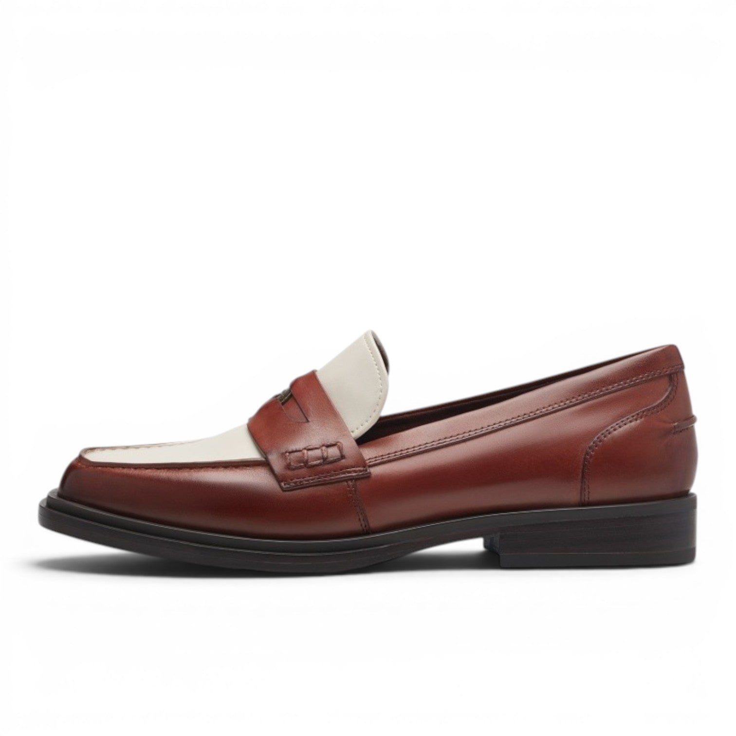 My Store Tamaris women's two-tone brown and cream leather penny loafers with block heel.