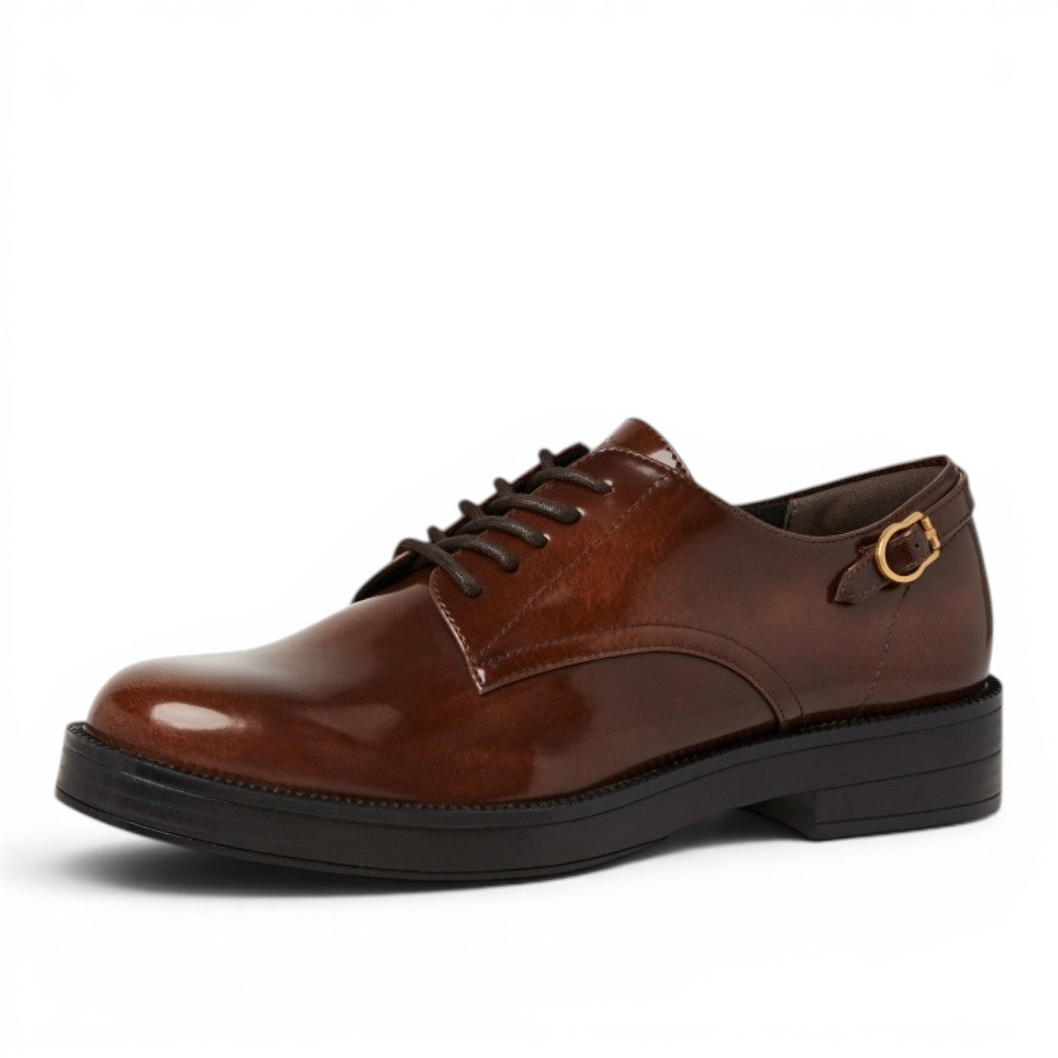 My Store Tamaris brown synthetic leather lace-up shoes with gold buckle detail and round toe.