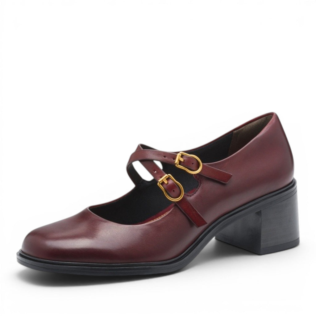 My Store Tamaris burgundy leather Mary Jane shoes with double buckle straps and a 60mm block heel.
