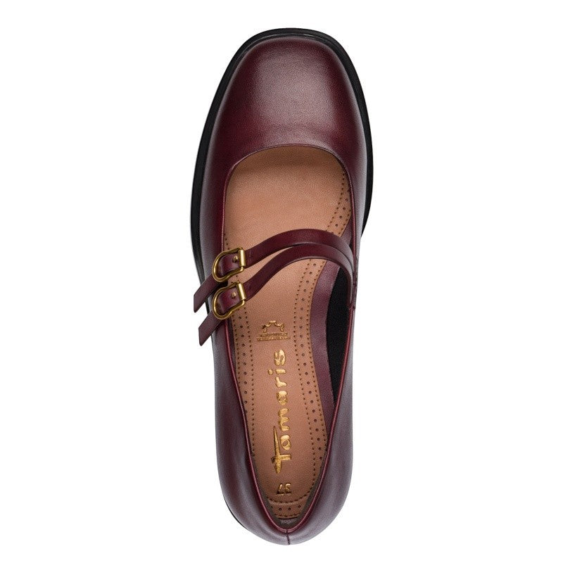 My Store Tamaris burgundy leather Mary Jane shoes with double buckle straps and rubber sole.