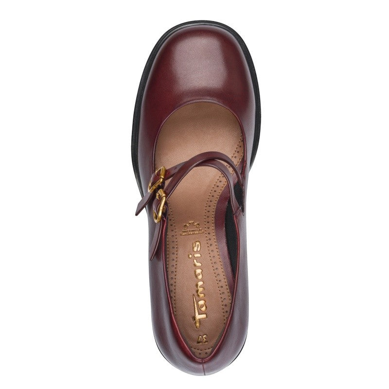 My Store Tamaris burgundy leather Mary Jane shoes with double buckle straps and a 60mm platform.